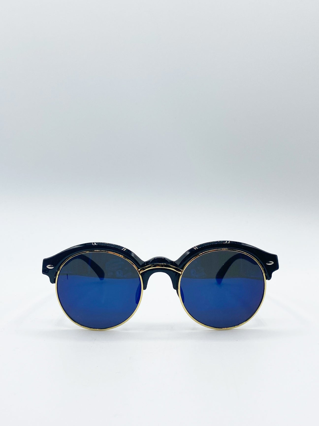 Black Round Sunglasses with Blue Revo Lenses and Gold Detail