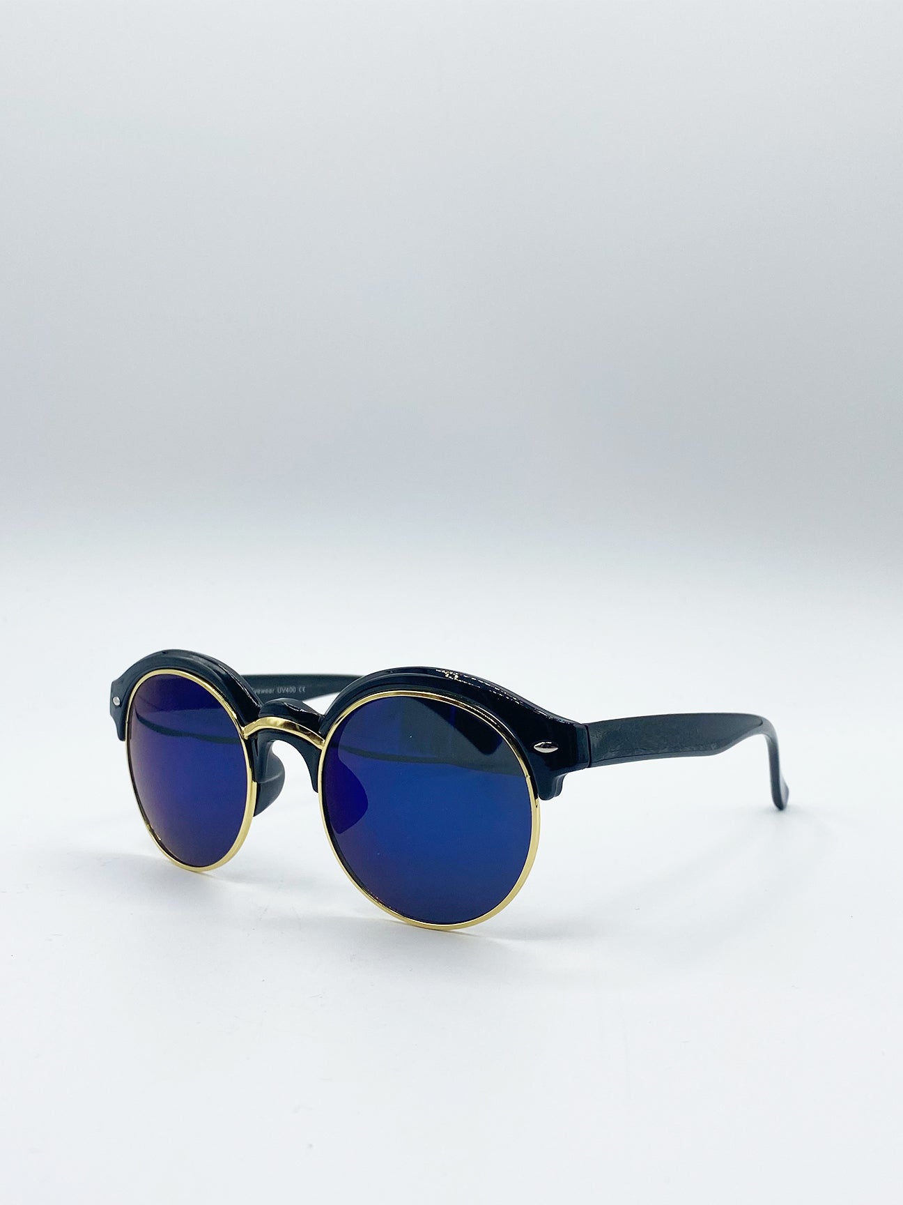 Black Round Sunglasses with Blue Revo Lenses and Gold Detail