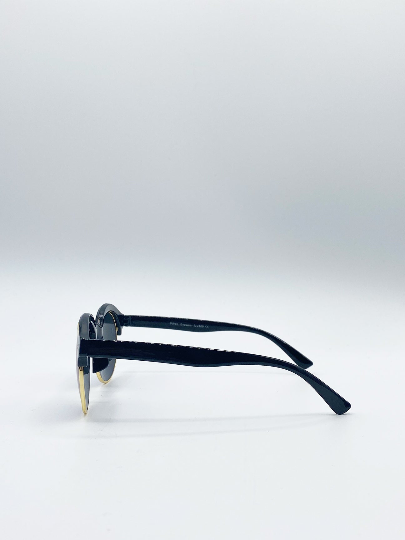Black Round Sunglasses with Blue Revo Lenses and Gold Detail