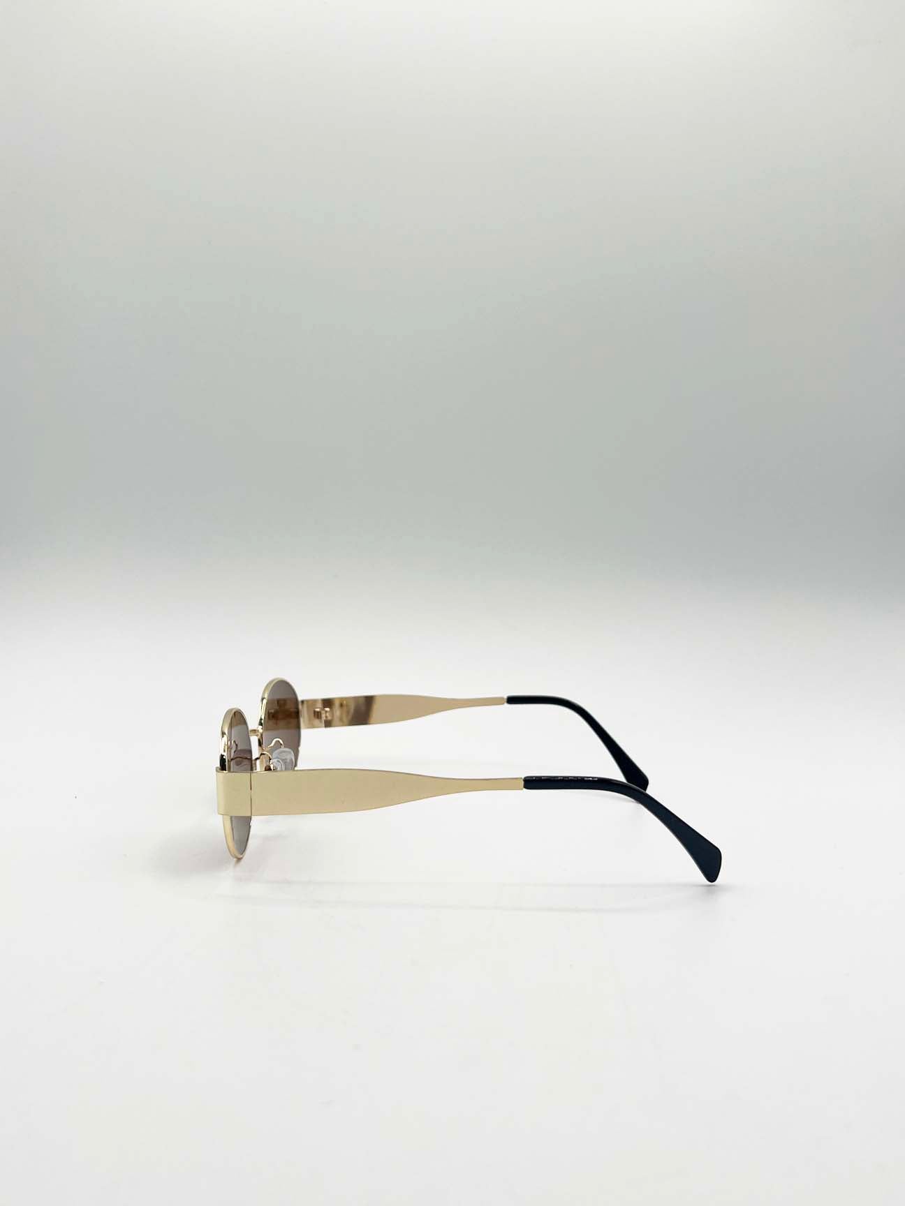 Rounded Oval Metal Frame Sunglasses in Gold Brown
