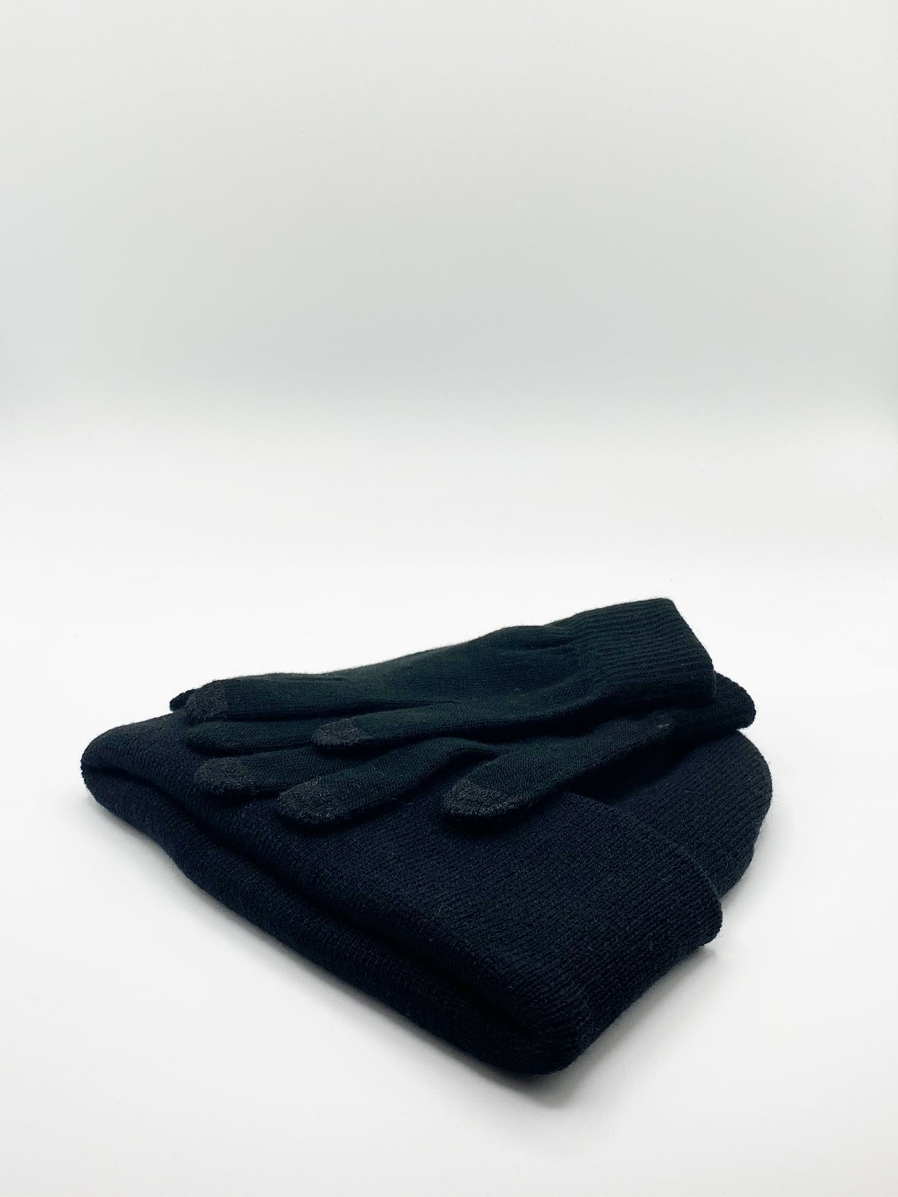Black Knitted Beanie And Touchscreen Gloves Set