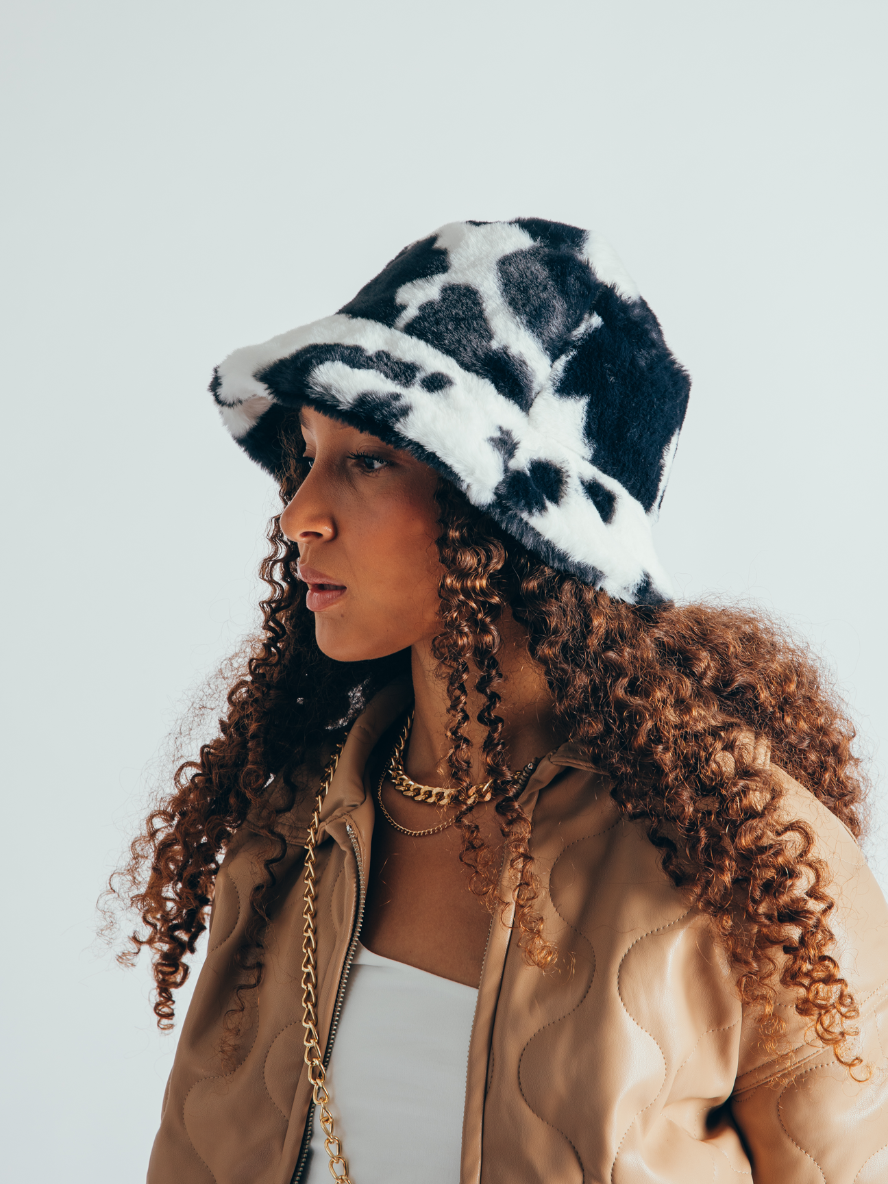 Cow Print Faux Fur Bucket Hat