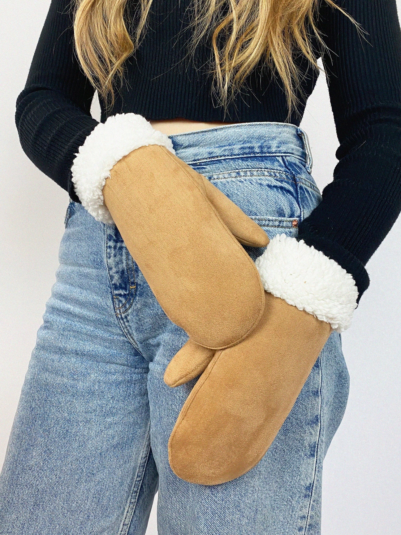Tan Mittens With White Borg Lining