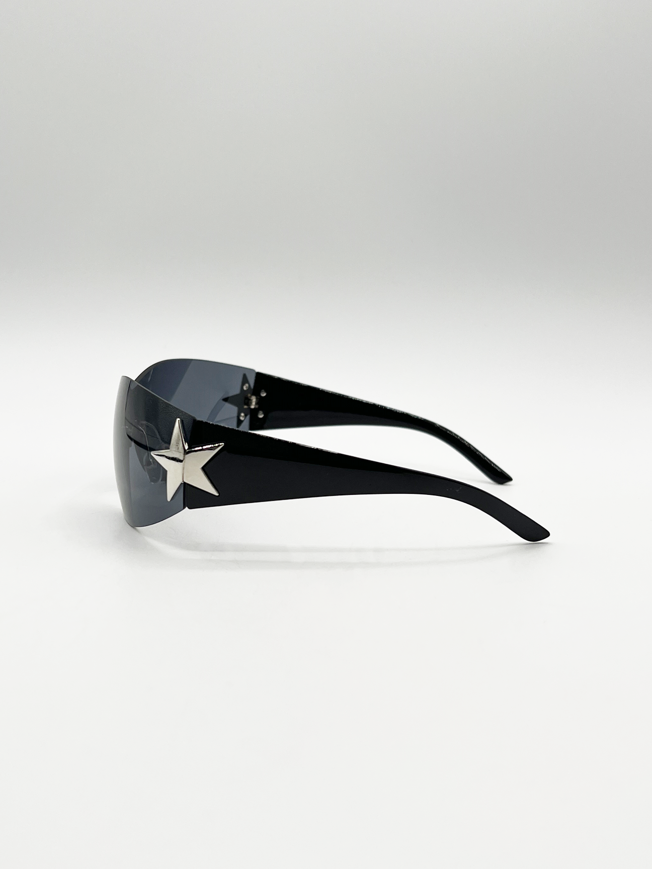 Wrap Around Racer Sunglasses with Star Hinge Detail in Black