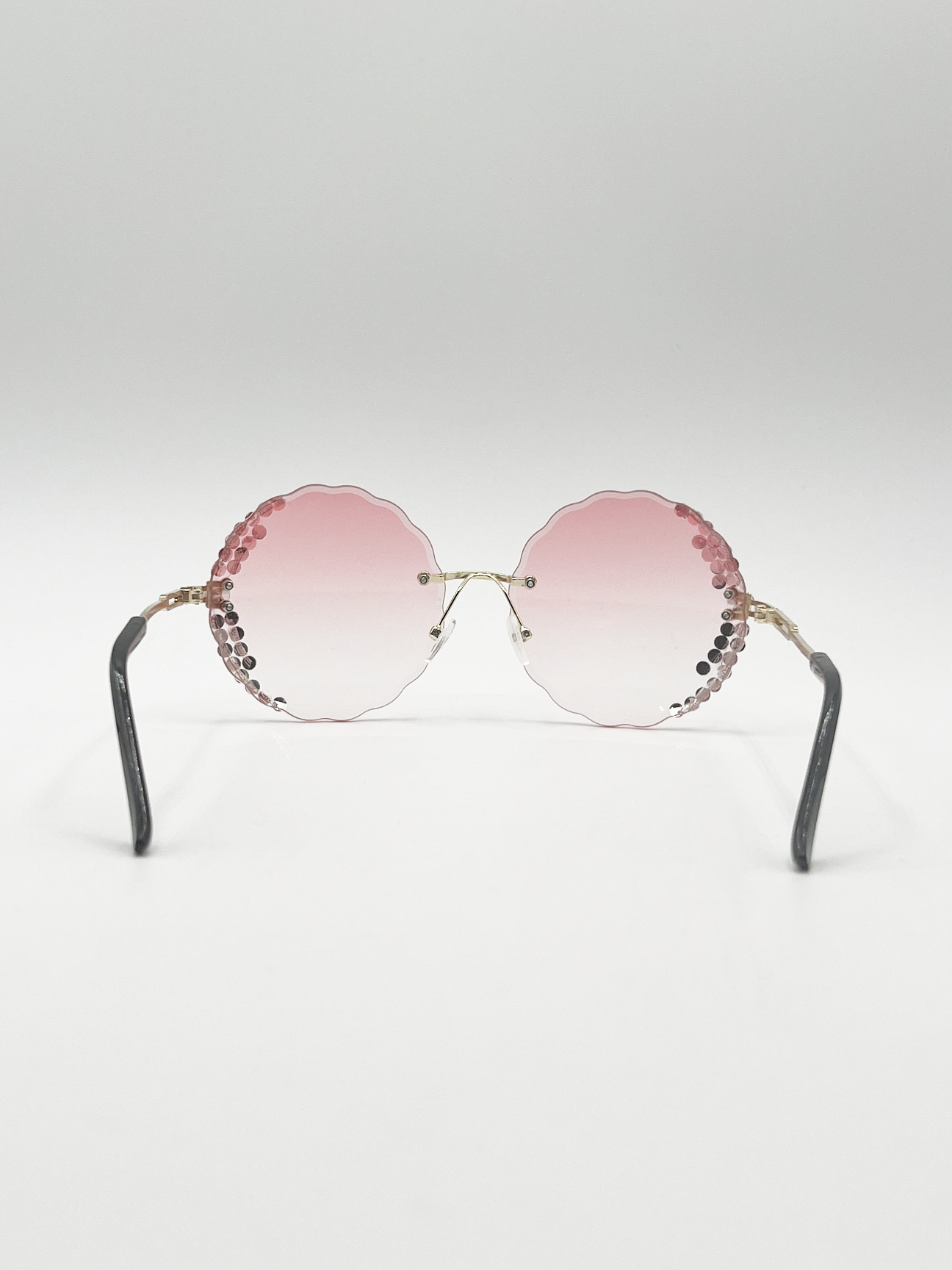 Oversized Round Frameless Sunglasses with Crystal Detail in Pink