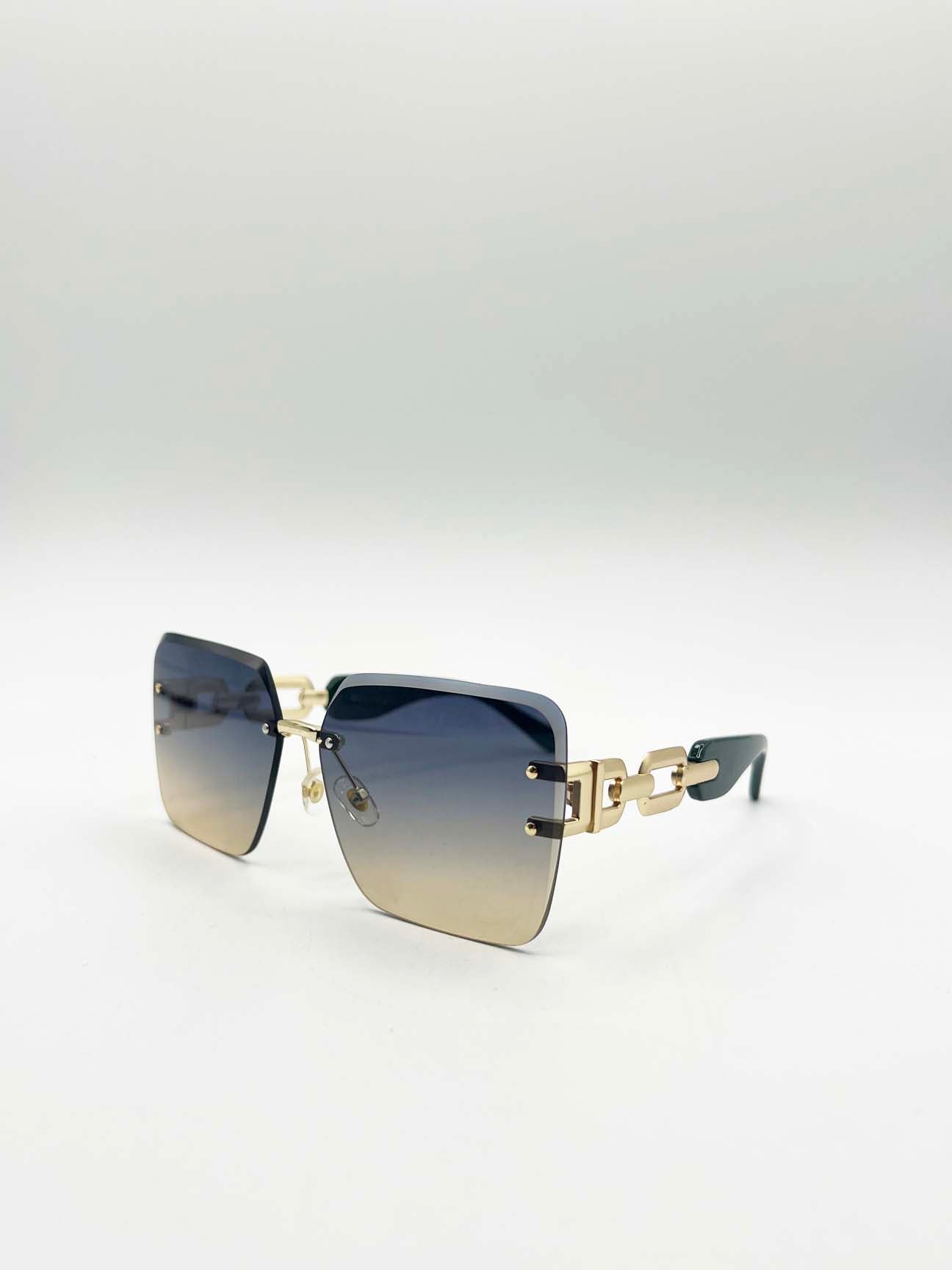 Rimless Shape_Oversized Square Sunglassses in Navy Gold