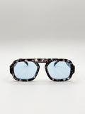 Tortoise Retro Navigator Sunglasses in Grey Blue
