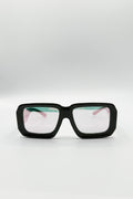 Oversized Square Frame Sunglasses In Mud Grey with Pink Mirror Lenses