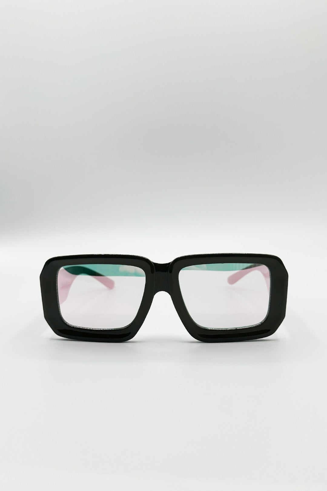 Oversized Square Frame Sunglasses In Mud Grey with Pink Mirror Lenses