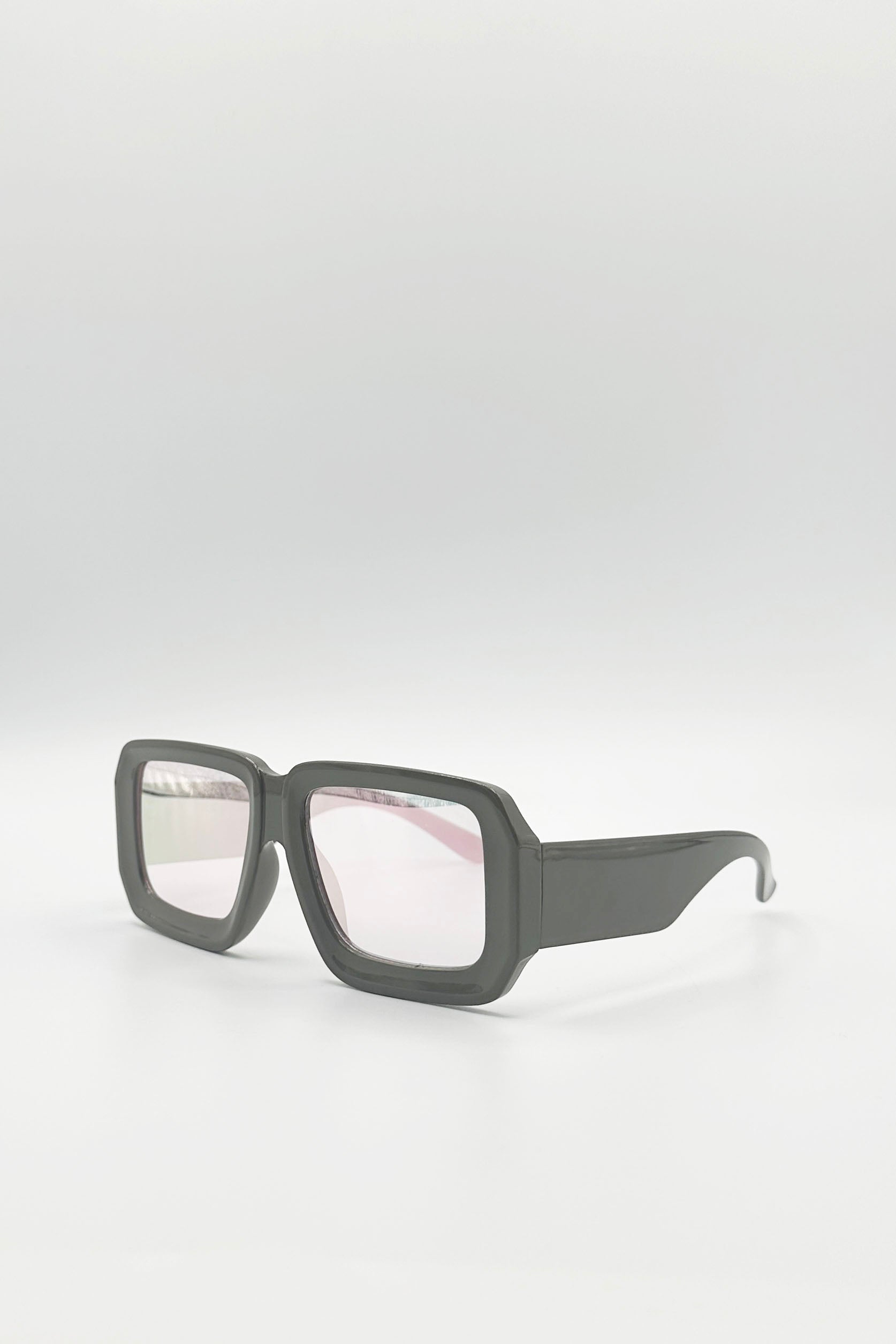 Oversized Square Frame Sunglasses In Mud Grey with Pink Mirror Lenses
