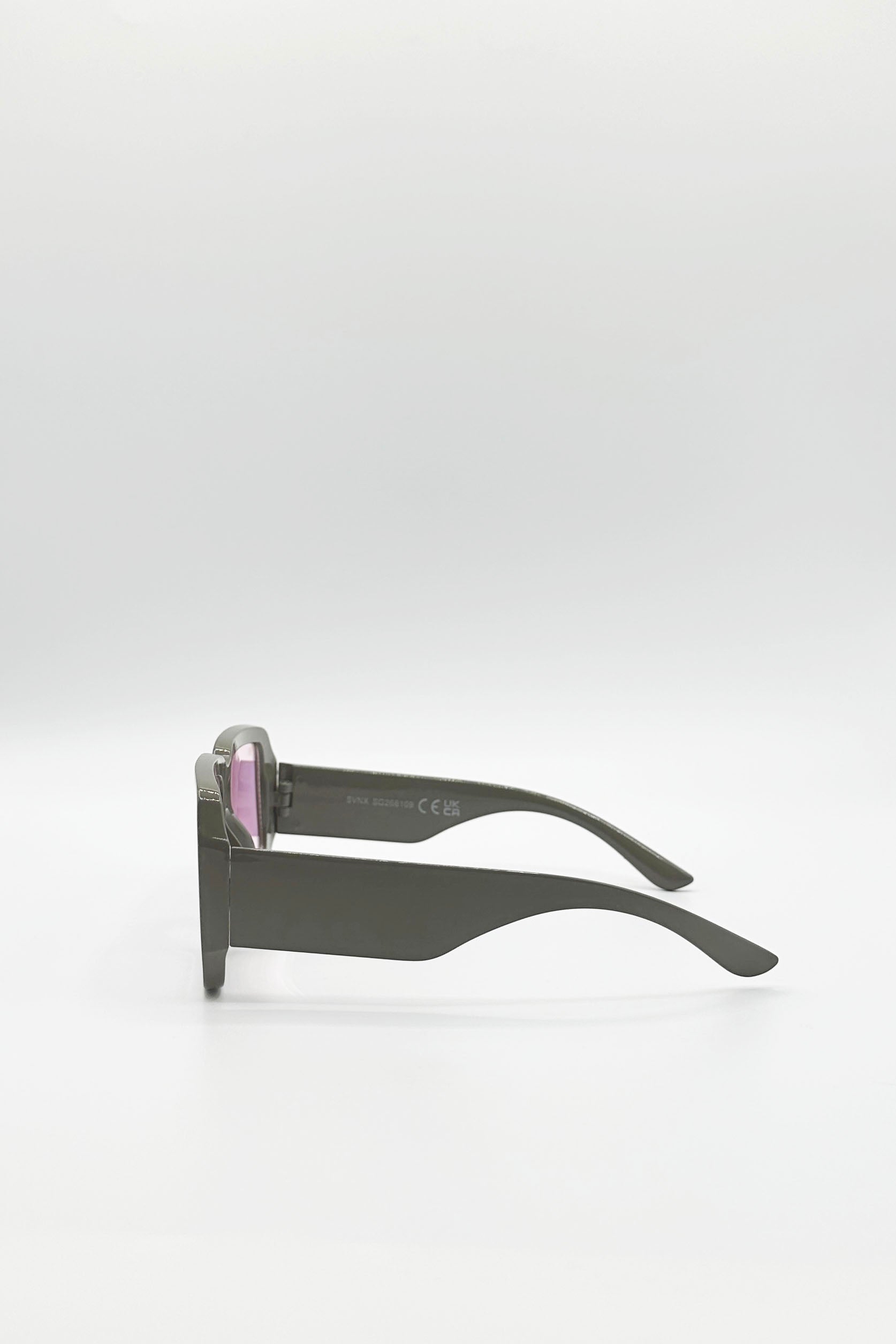 Oversized Square Frame Sunglasses In Mud Grey with Pink Mirror Lenses