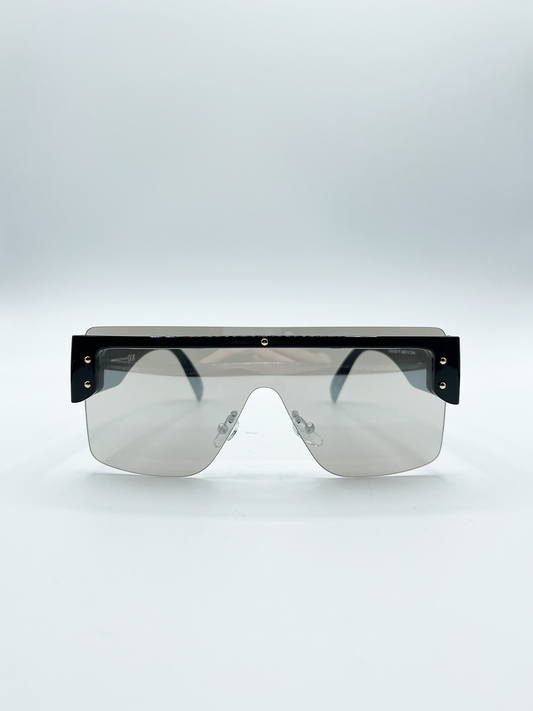 Oversized Flat Top Sunglasses with Mirrored Lens in Black