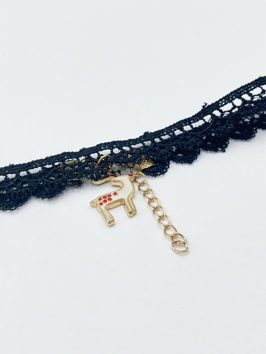 Black Lace Choker With Reindeer Charm