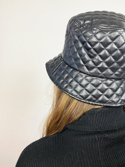 Quilted PU Leather Bucket Hat In Black