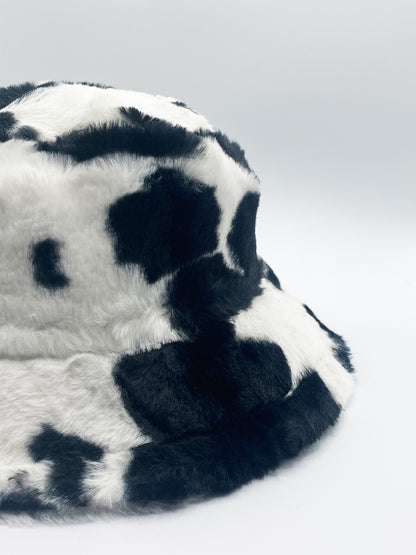 Cow Print Faux Fur Bucket Hat