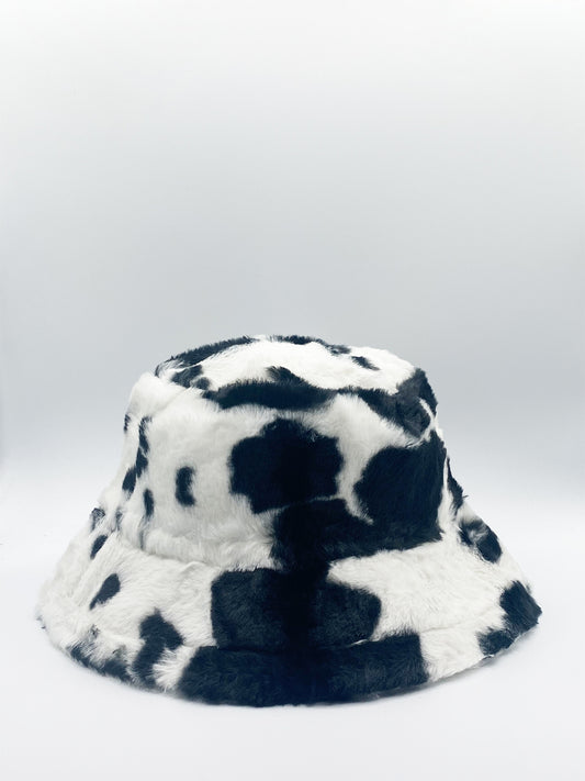 Cow Print Faux Fur Bucket Hat