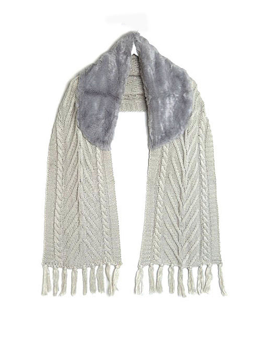 Grey Chunky Knit Scarf With Faux Fur Collar