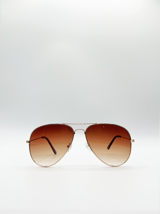 Gold Aviator Sunglasses with Brown Lenses