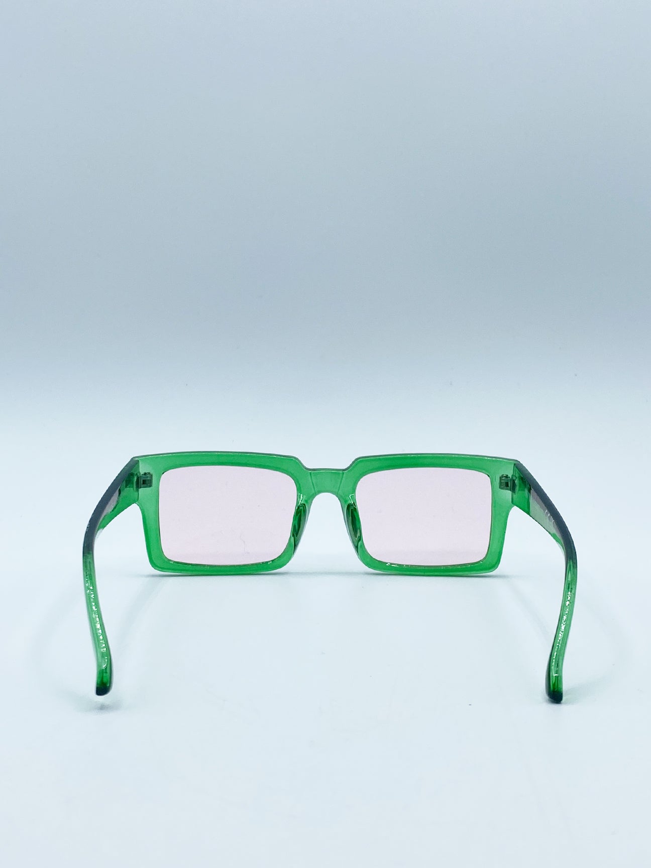 Square Frame Sunglasses in Translucent Green with Pink Lenses