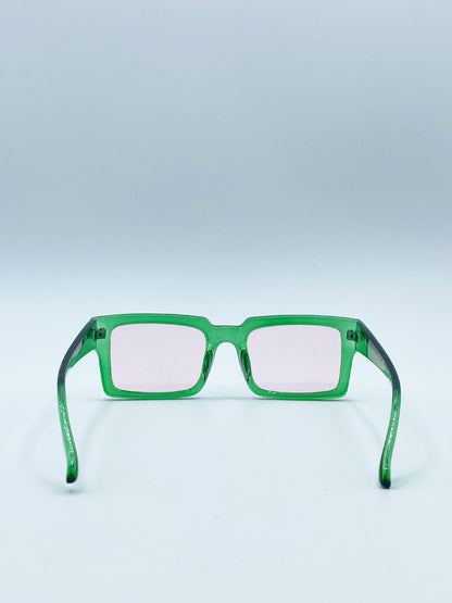 Square Frame Sunglasses in Translucent Green with Pink Lenses