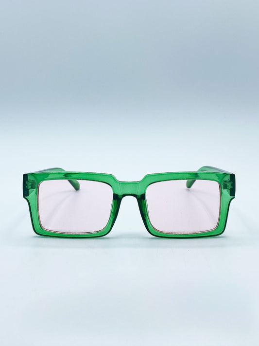 Square Frame Sunglasses in Translucent Green with Pink Lenses