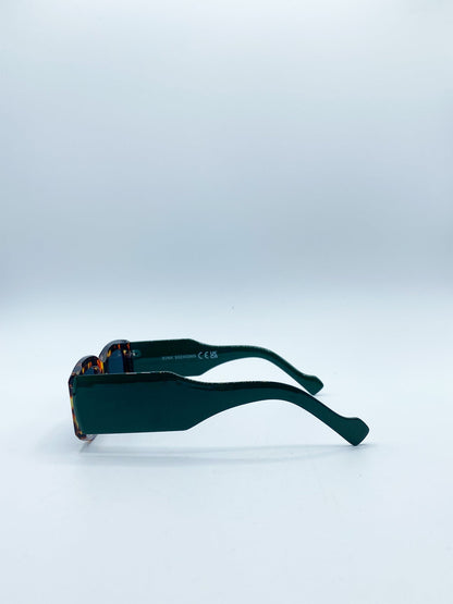 Chunky Rectangle Sunglasses in Green with Tortoiseshell Arms