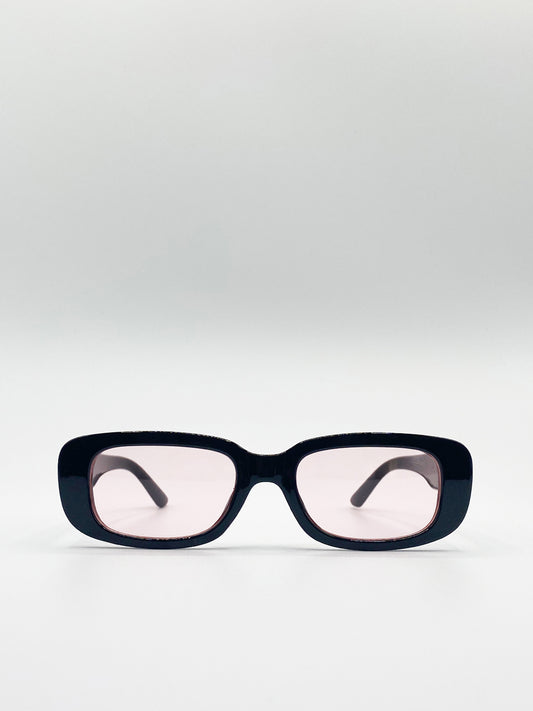 Retro Rectangle Sunglasses In Black With Pink Lenses