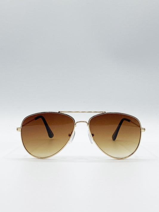 Kids Gold Frame Aviator Sunglasses With Brown Lenses