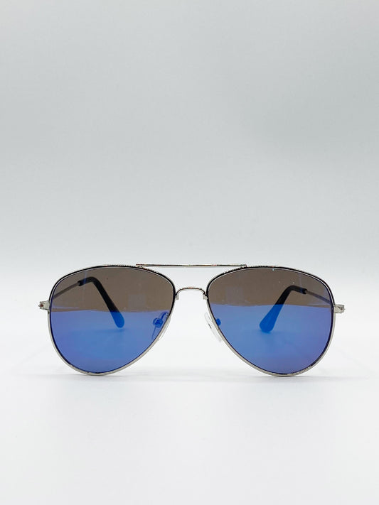 Silver Frame Kids Aviator Sunglasses with Blue Mirrored Lenses