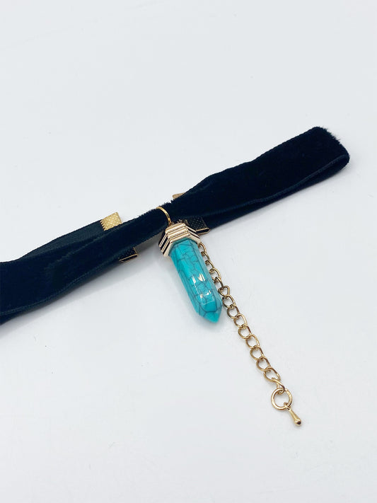 Black Faux Velvet Choker With Turquoise Stone Charm