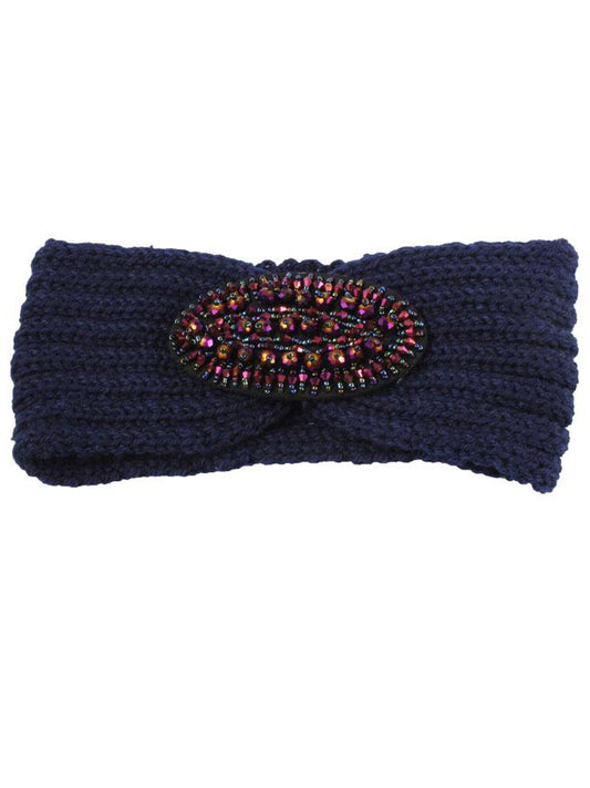 Navy Knitted Headband With Purple Jewel Detail